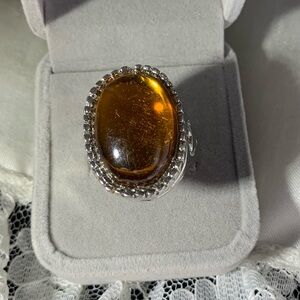 Silver Tone Faux Amber and Statement Ring size 10